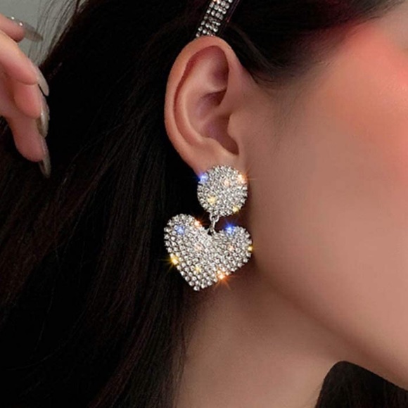 Jewelry - Heart Earrings Vintage Earrings Rhinestone Earrings Dangle Vintage Jewelry